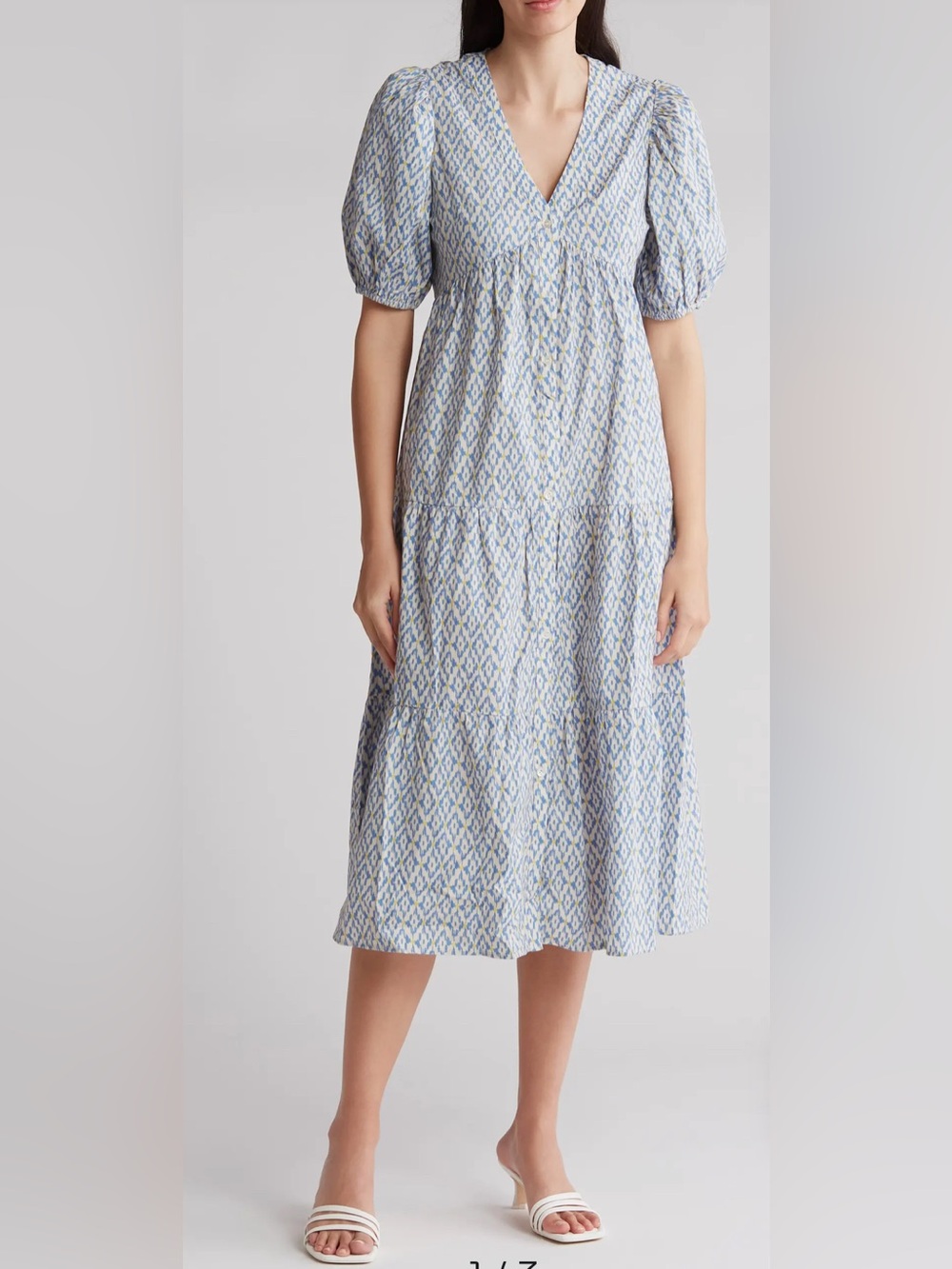 FRNCH Blue Patterned V-Neck Puff Sleeve Maxi Dress